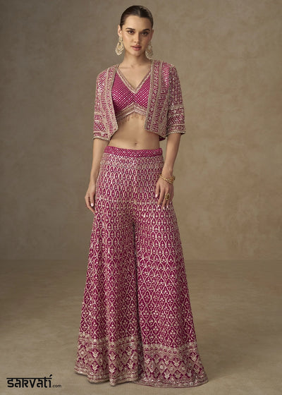 Ruby Pink Embroidered Georgette 3-Piece Set – Crop Top, Palazzo & Jacket