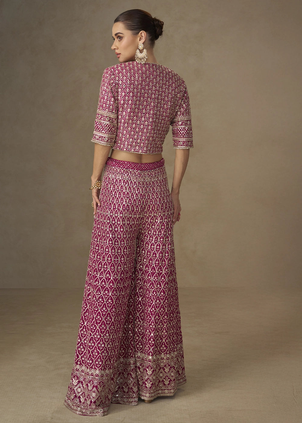 Ruby Pink Embroidered Georgette 3-Piece Set – Crop Top, Palazzo & Jacket