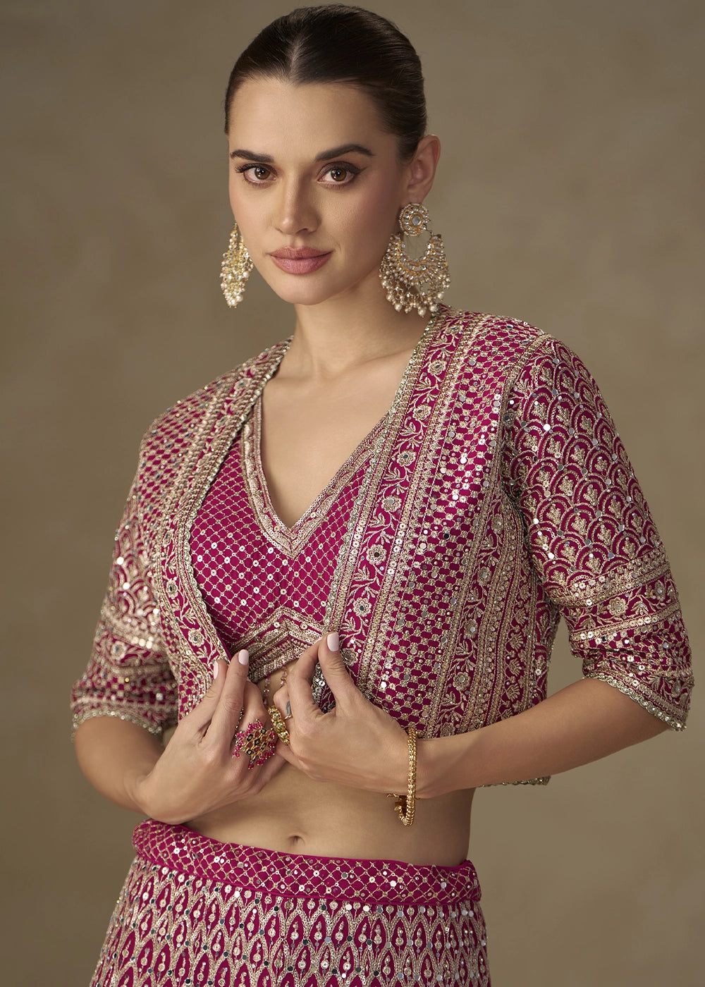 Ruby Pink Embroidered Georgette 3-Piece Set – Crop Top, Palazzo & Jacket