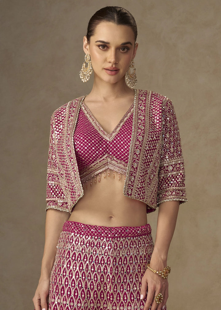 Ruby Pink Embroidered Georgette 3-Piece Set – Crop Top, Palazzo & Jacket