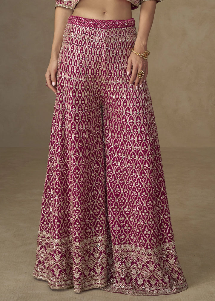Ruby Pink Embroidered Georgette 3-Piece Set – Crop Top, Palazzo & Jacket