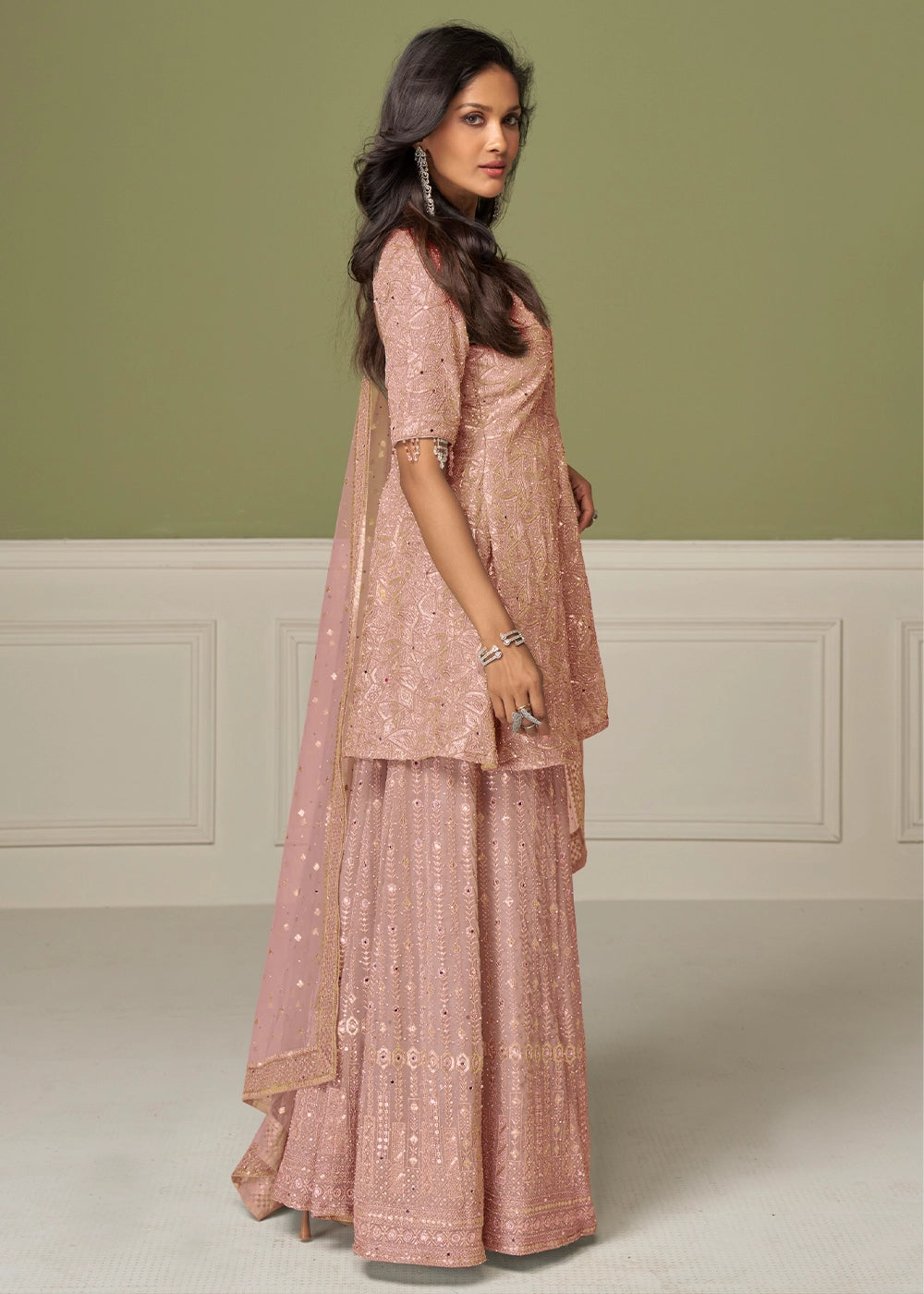 Peach Pink Georgette Palazzo Suit with Handcrafted Detailing