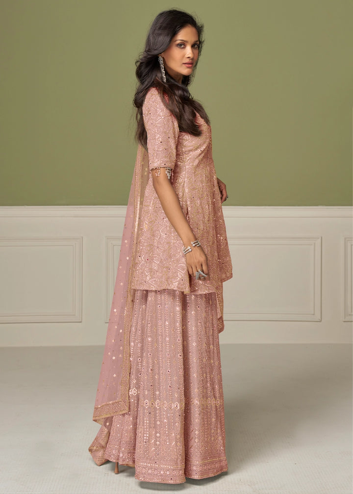 Peach Pink Georgette Palazzo Suit with Handcrafted Detailing