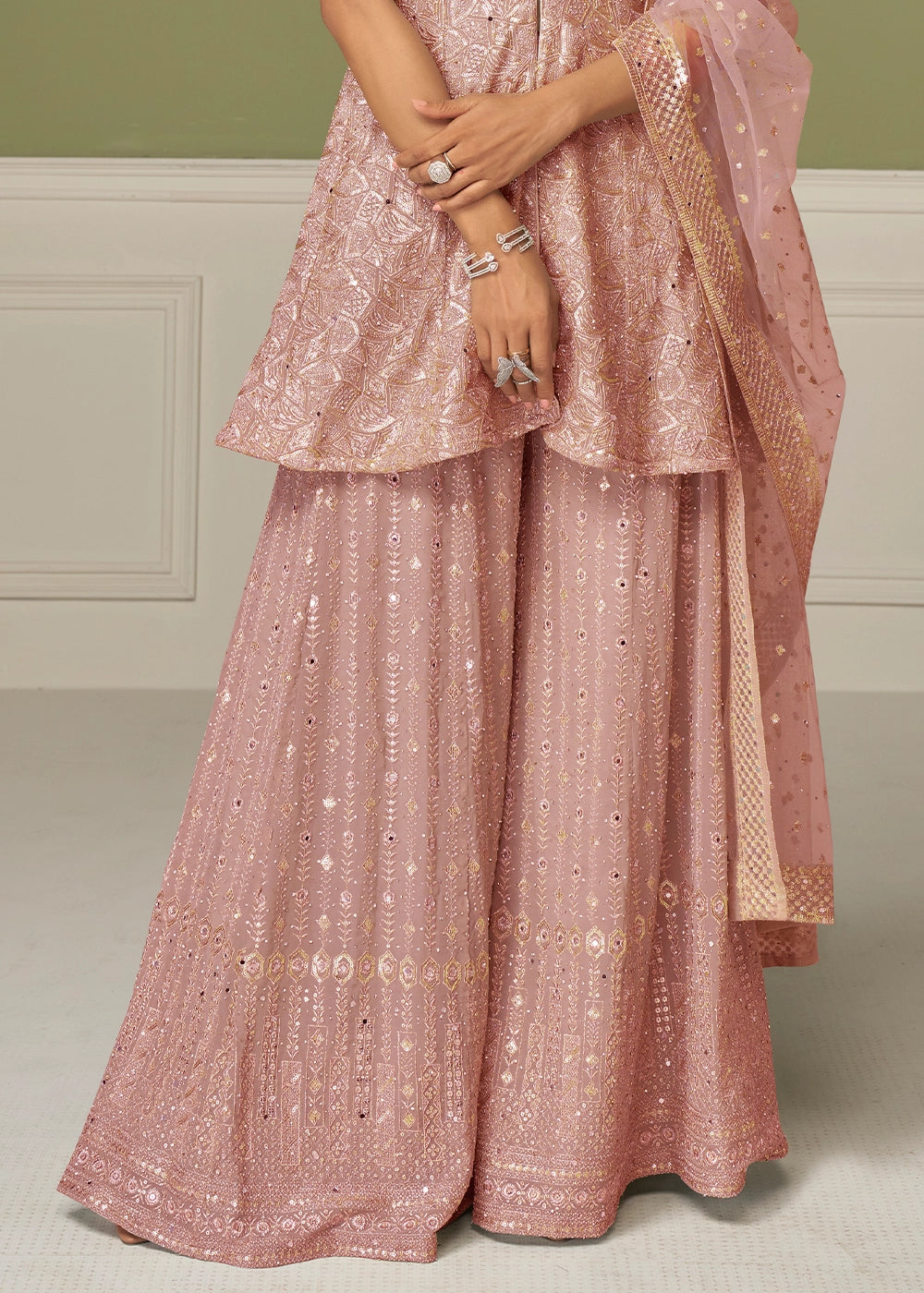 Peach Pink Georgette Palazzo Suit with Handcrafted Detailing