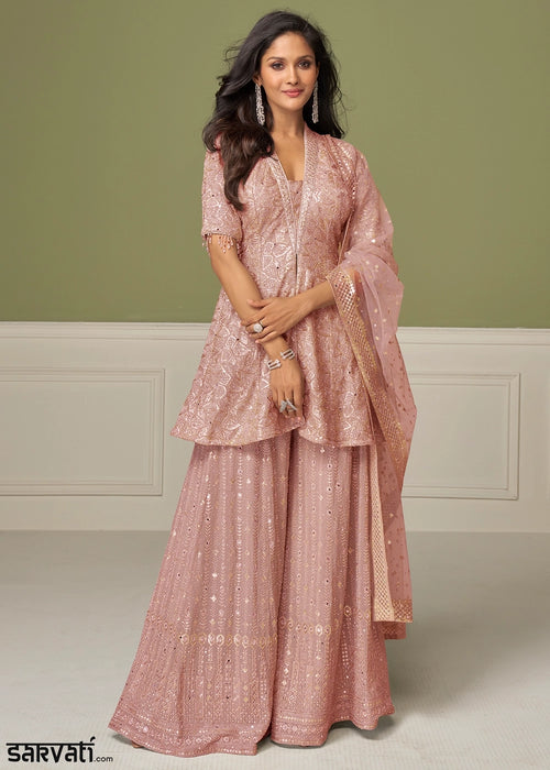 Peach Pink Georgette Palazzo Suit with Handcrafted Detailing