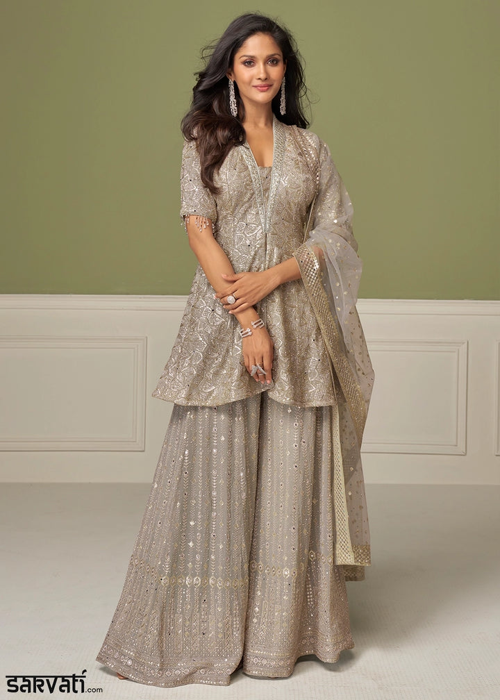 Light Grey Georgette Palazzo Suit with Handcrafted Detailing