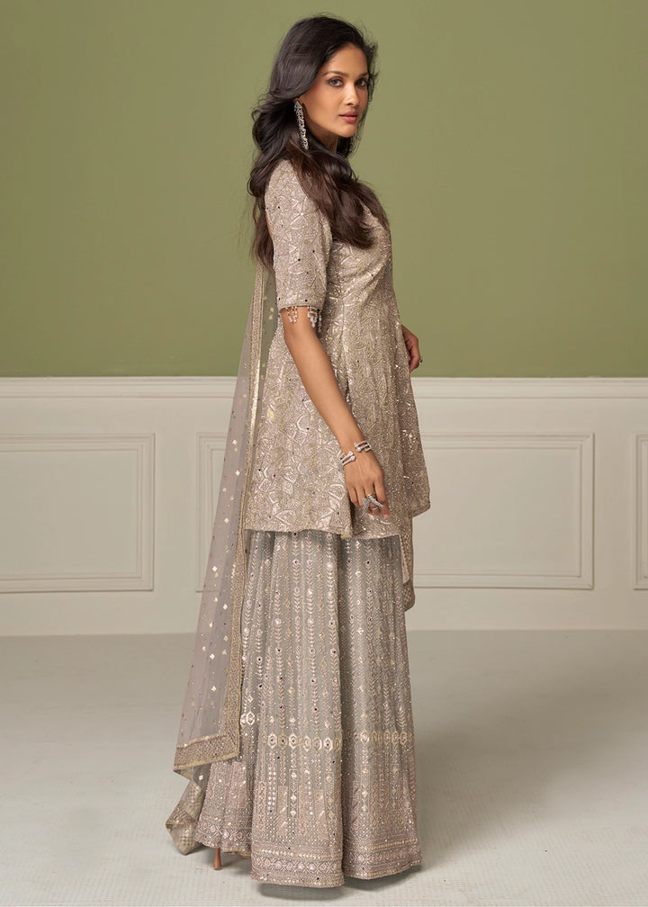 Light Grey Georgette Palazzo Suit with Handcrafted Detailing