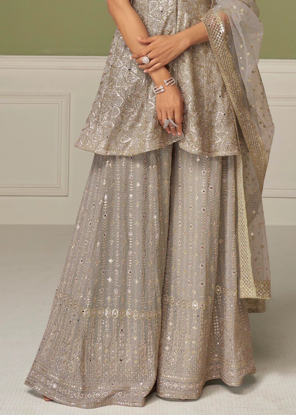 Light Grey Georgette Palazzo Suit with Handcrafted Detailing