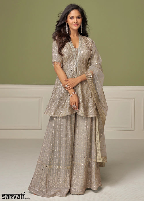 Light Grey Georgette Palazzo Suit with Handcrafted Detailing
