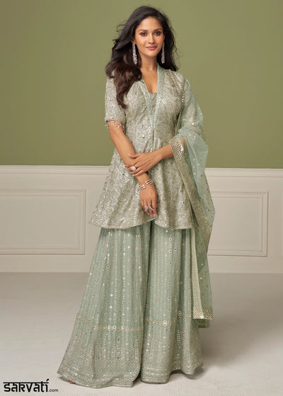 Tea Green Georgette Palazzo Suit with Handcrafted Detailing