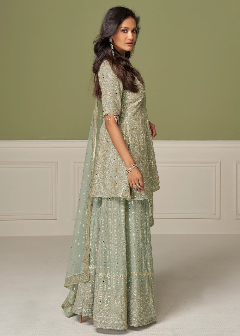 Tea Green Georgette Palazzo Suit with Handcrafted Detailing