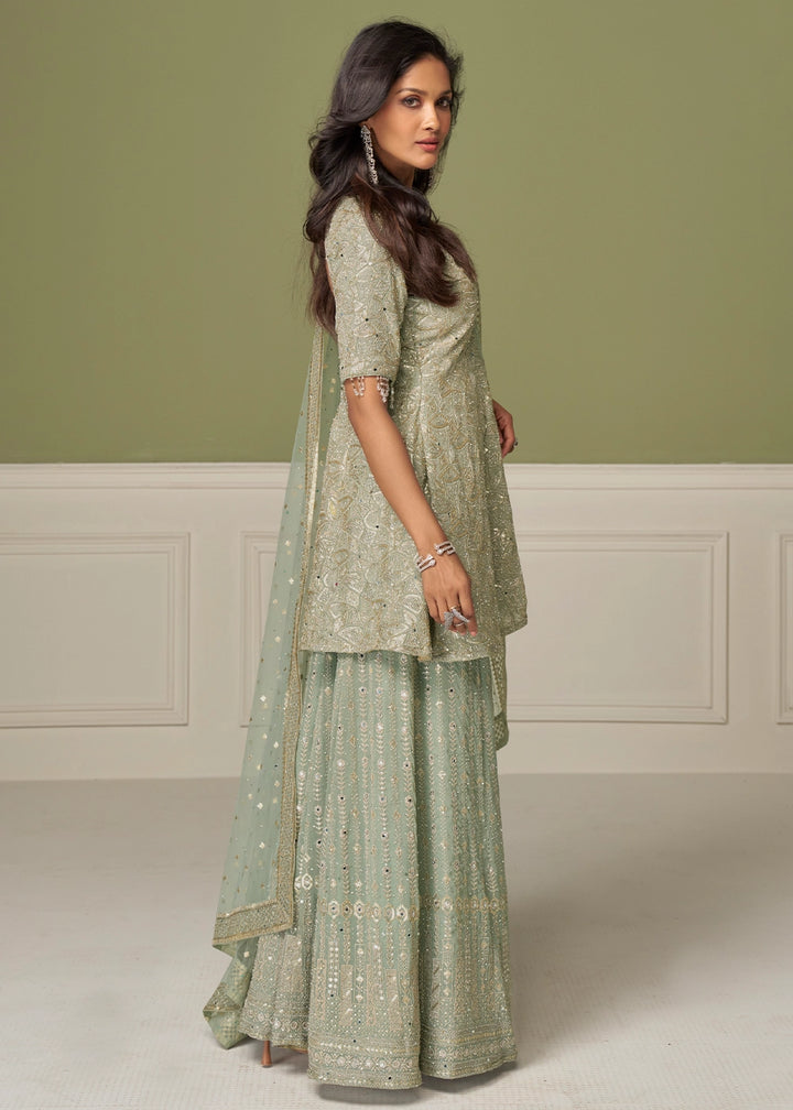 Tea Green Georgette Palazzo Suit with Handcrafted Detailing