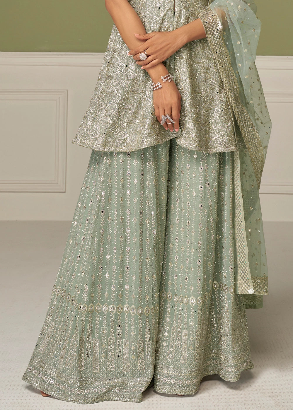 Tea Green Georgette Palazzo Suit with Handcrafted Detailing