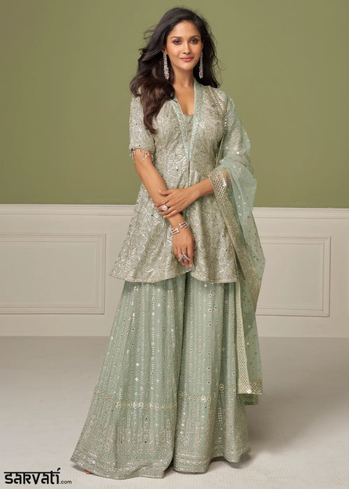 Tea Green Georgette Palazzo Suit with Handcrafted Detailing