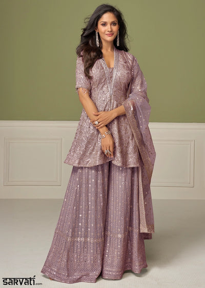 Periwinkle Purple Georgette Palazzo Suit with Handcrafted Detailing