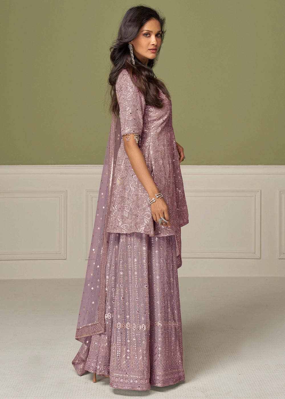 Periwinkle Purple Georgette Palazzo Suit with Handcrafted Detailing