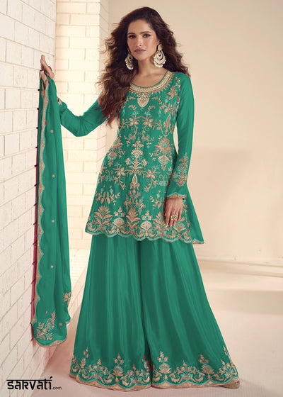 Jade Green Chinon Silk Palazzo Suit with Detailed Embroidery