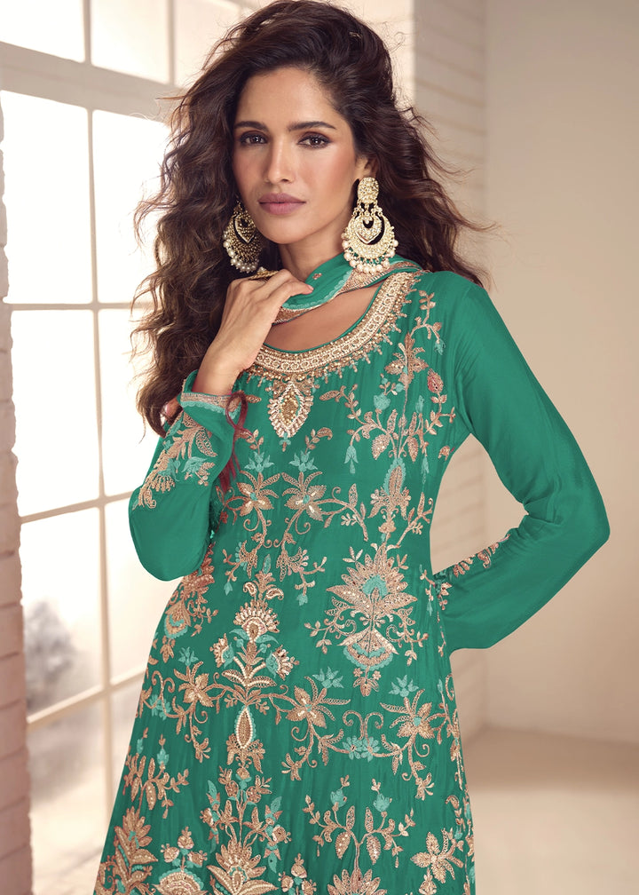 Jade Green Chinon Silk Palazzo Suit with Detailed Embroidery