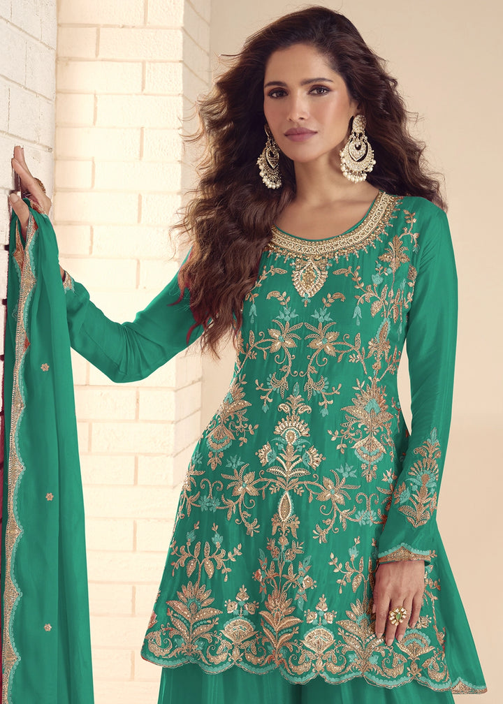 Jade Green Chinon Silk Palazzo Suit with Detailed Embroidery