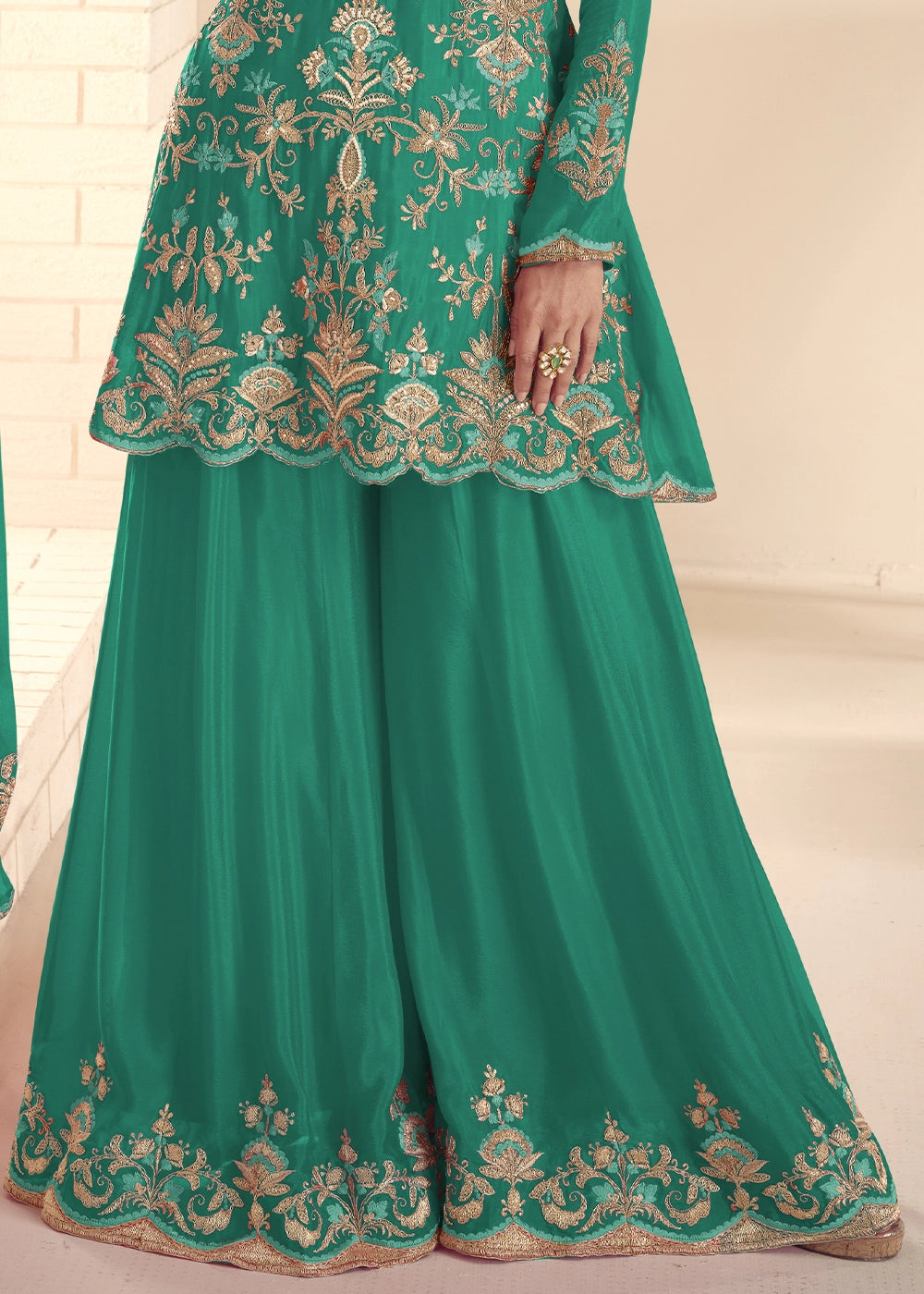 Jade Green Chinon Silk Palazzo Suit with Detailed Embroidery