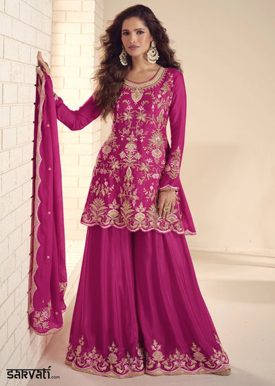 Magenta Pink Chinon Silk Palazzo Suit with Detailed Embroidery