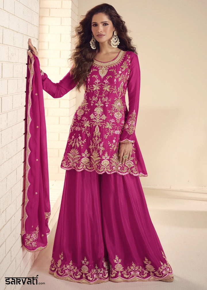 Magenta Pink Chinon Silk Palazzo Suit with Detailed Embroidery