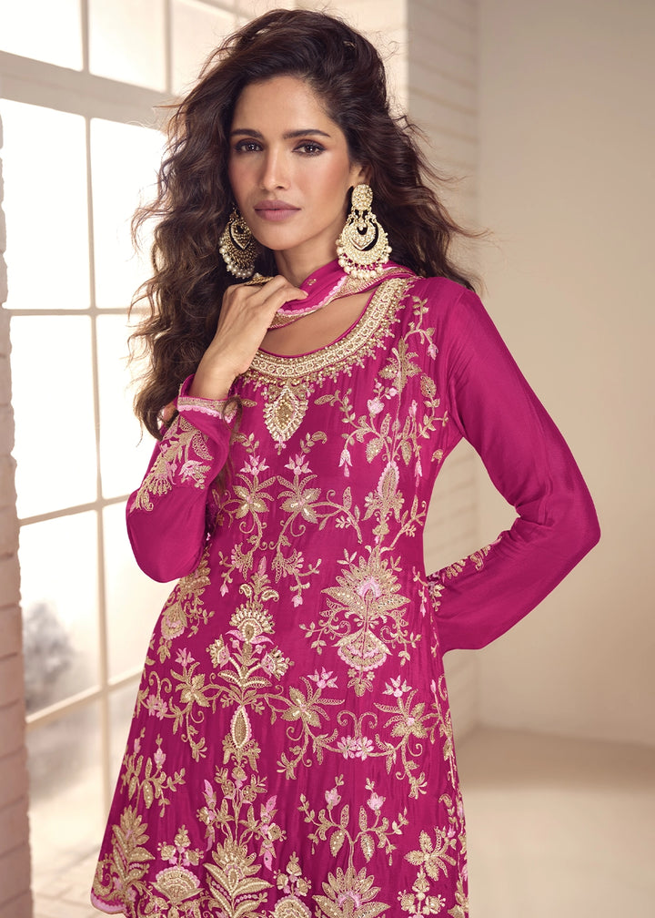 Magenta Pink Chinon Silk Palazzo Suit with Detailed Embroidery