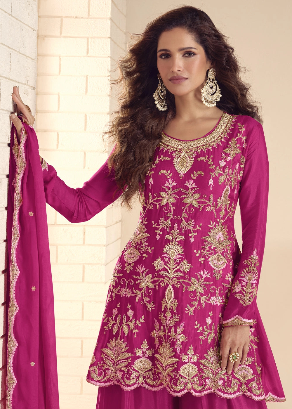 Magenta Pink Chinon Silk Palazzo Suit with Detailed Embroidery
