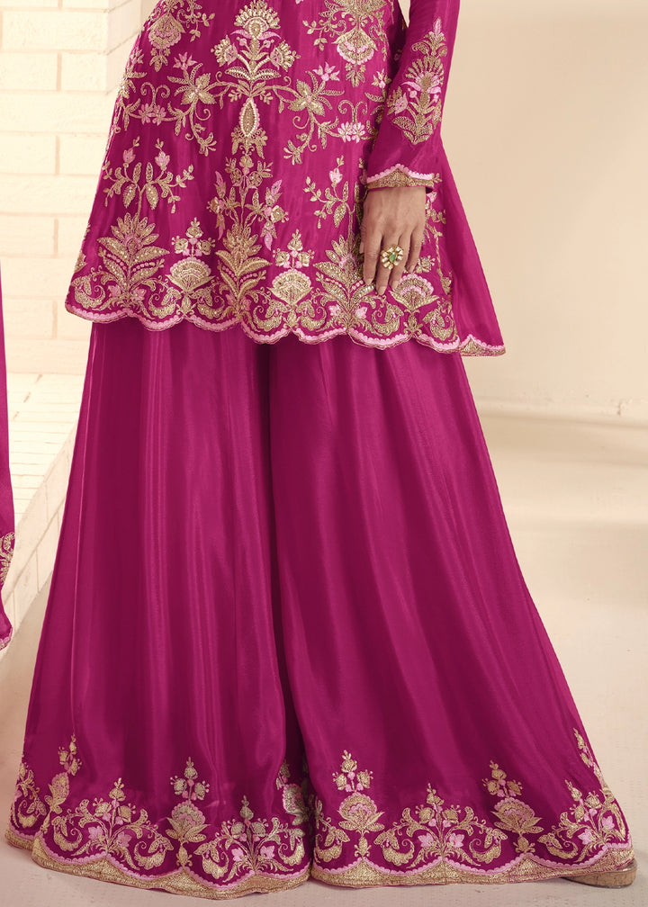 Magenta Pink Chinon Silk Palazzo Suit with Detailed Embroidery