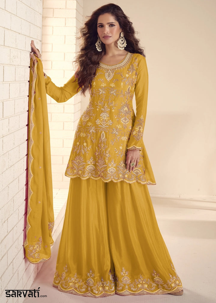 Mustard Yellow Chinon Silk Palazzo Suit with Detailed Embroidery