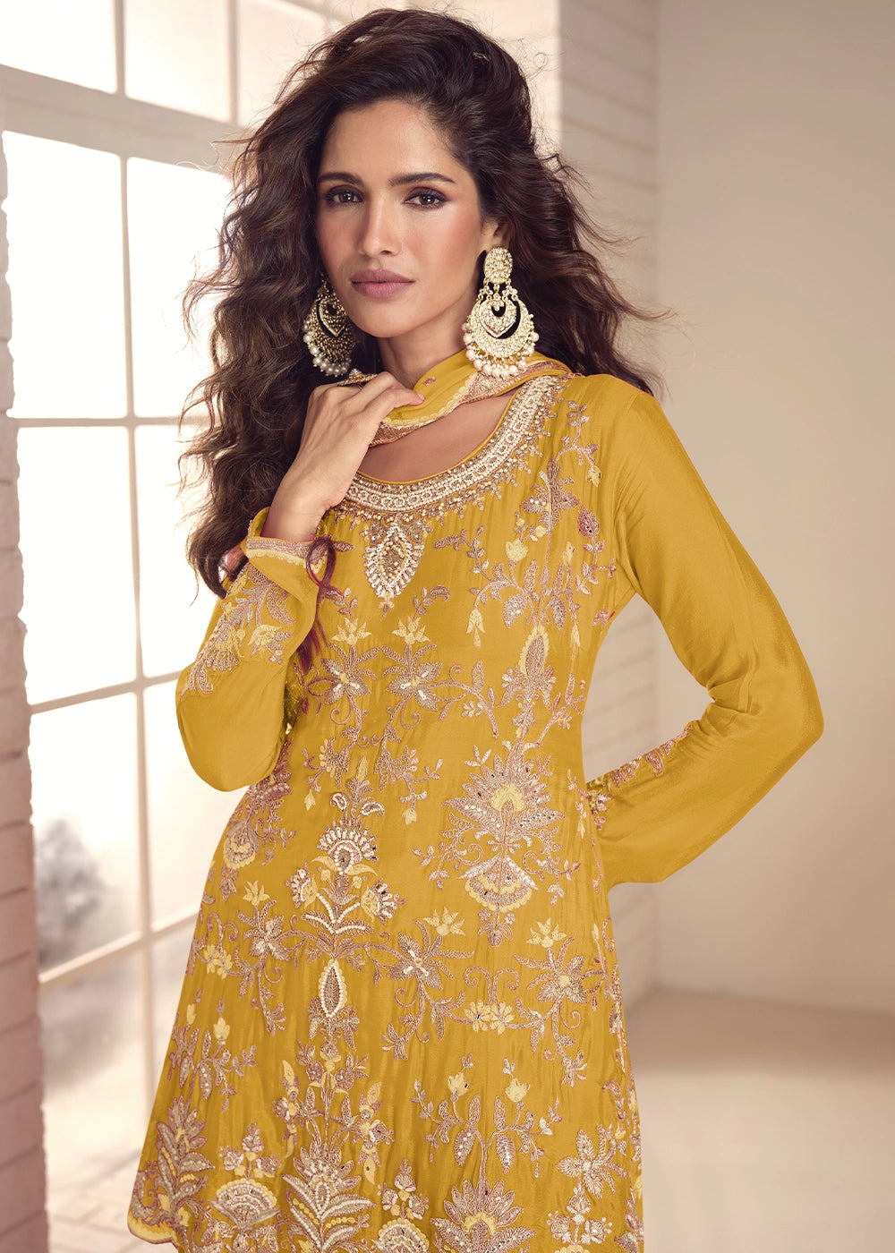 Mustard Yellow Chinon Silk Palazzo Suit with Detailed Embroidery