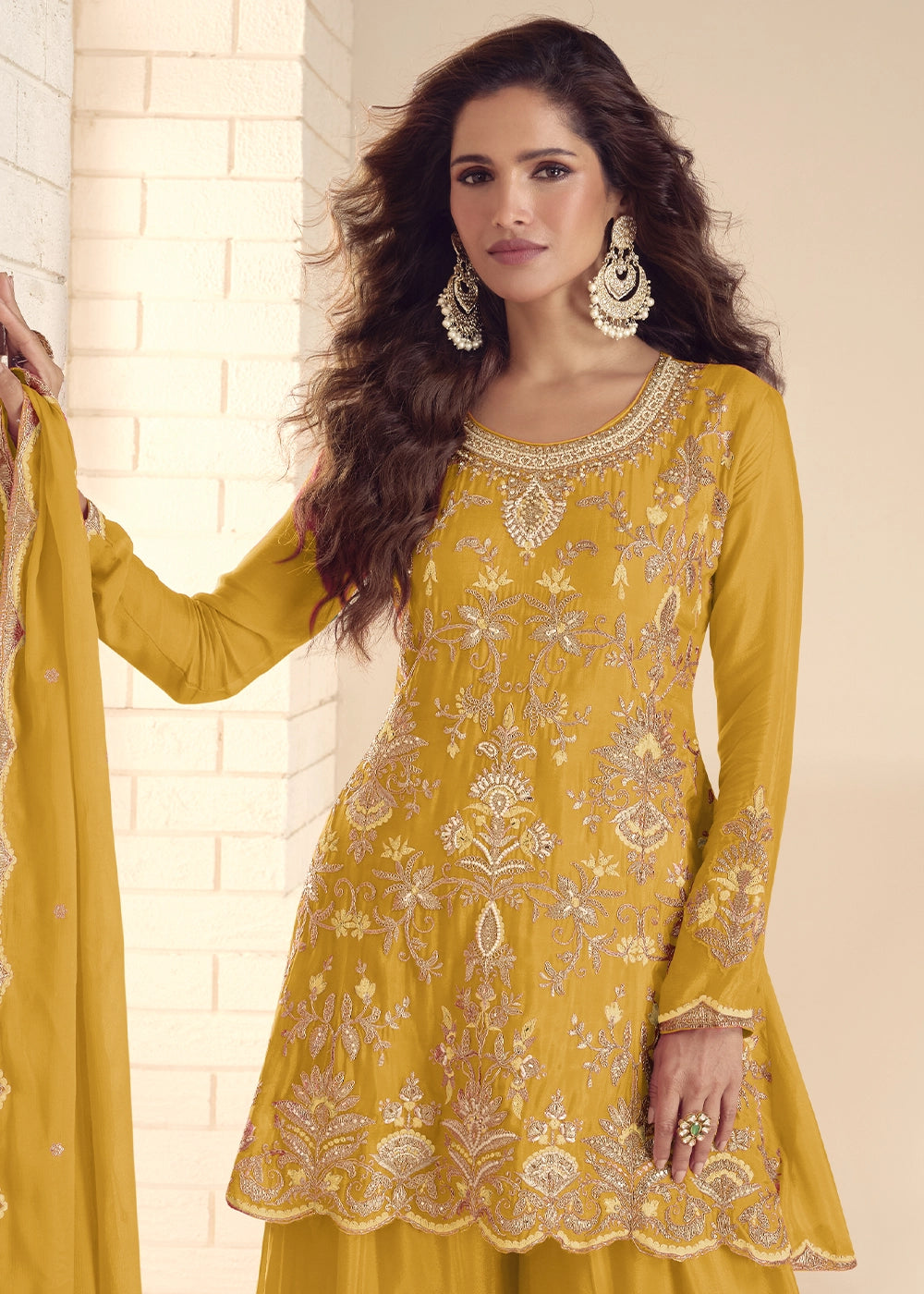 Mustard Yellow Chinon Silk Palazzo Suit with Detailed Embroidery