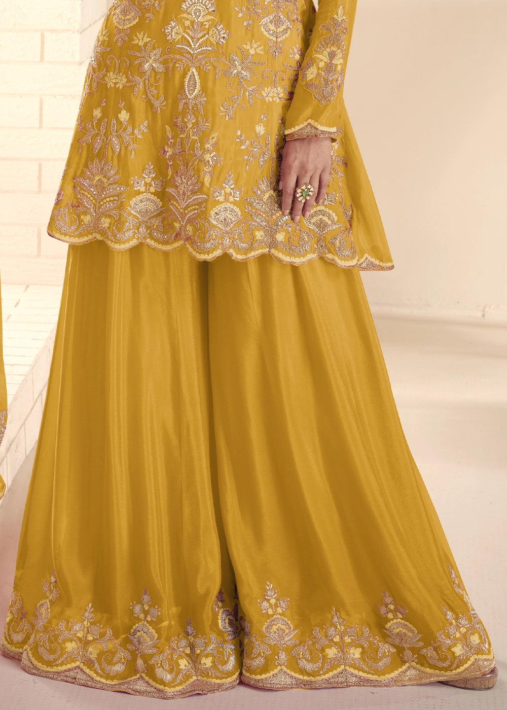 Mustard Yellow Chinon Silk Palazzo Suit with Detailed Embroidery