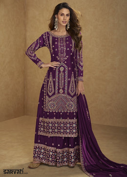 Eggplant Purple Chinon Silk Palazzo Suit with Intricate Embroidery