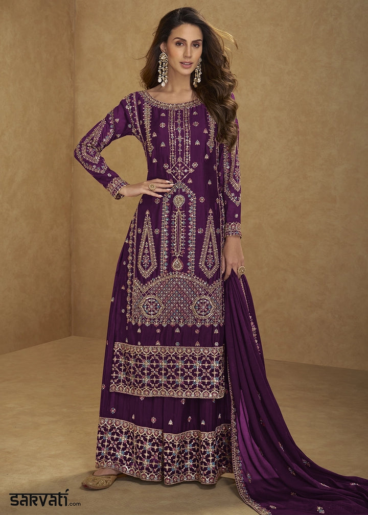 Eggplant Purple Chinon Silk Palazzo Suit with Intricate Embroidery