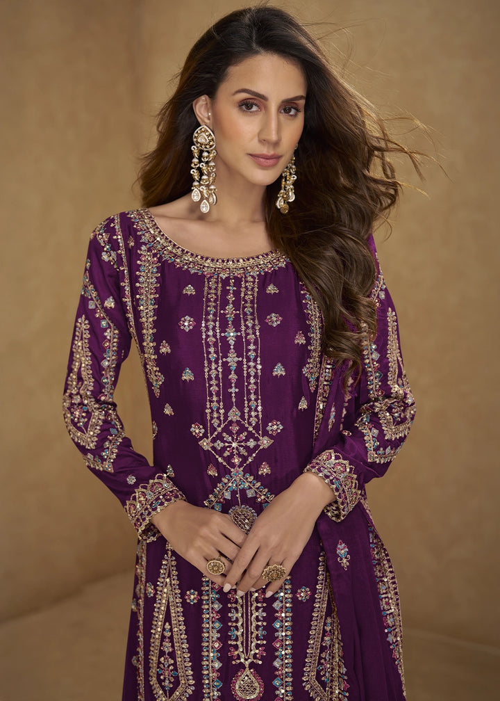 Eggplant Purple Chinon Silk Palazzo Suit with Intricate Embroidery