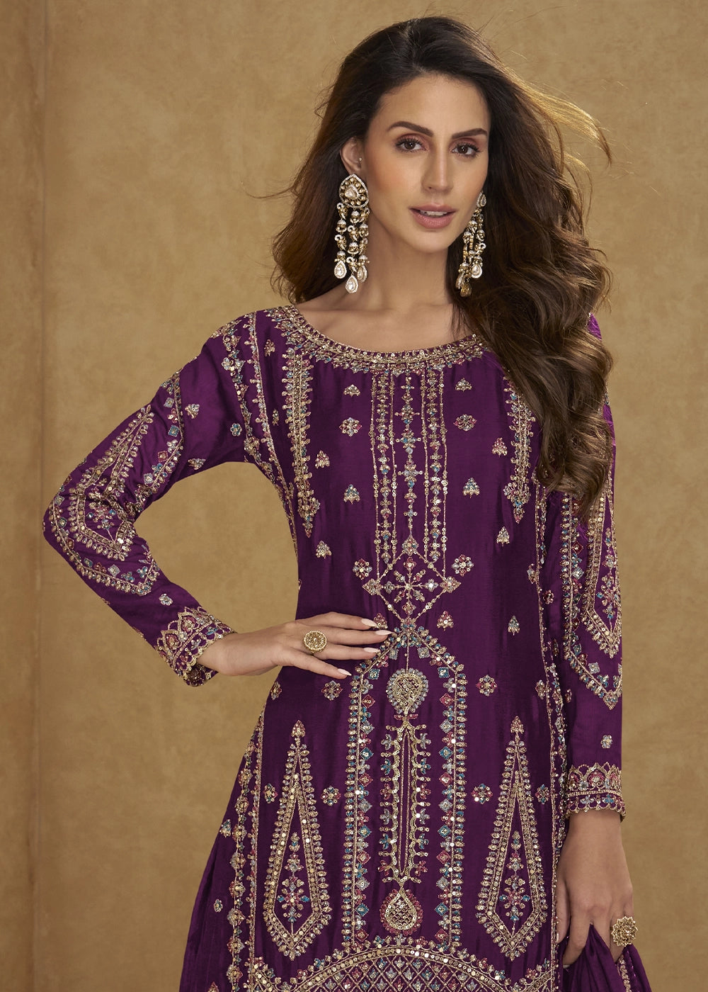 Eggplant Purple Chinon Silk Palazzo Suit with Intricate Embroidery