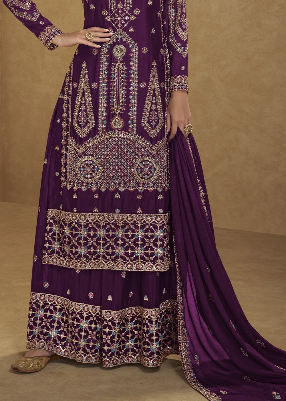 Eggplant Purple Chinon Silk Palazzo Suit with Intricate Embroidery