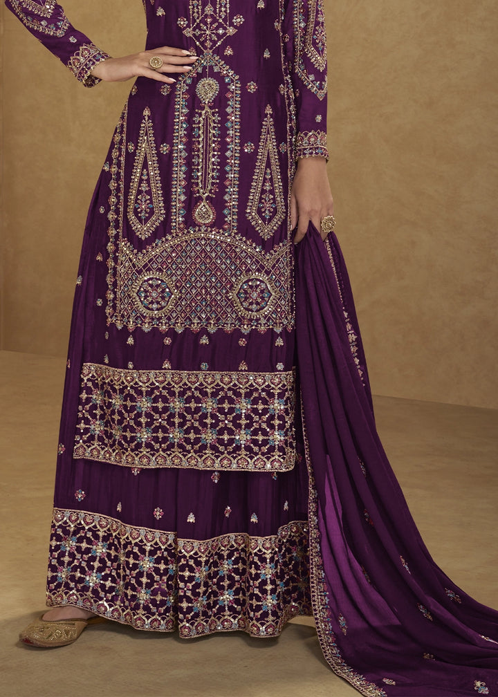 Eggplant Purple Chinon Silk Palazzo Suit with Intricate Embroidery