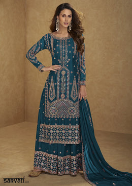 Cobalt Blue Chinon Silk Palazzo Suit with Intricate Embroidery