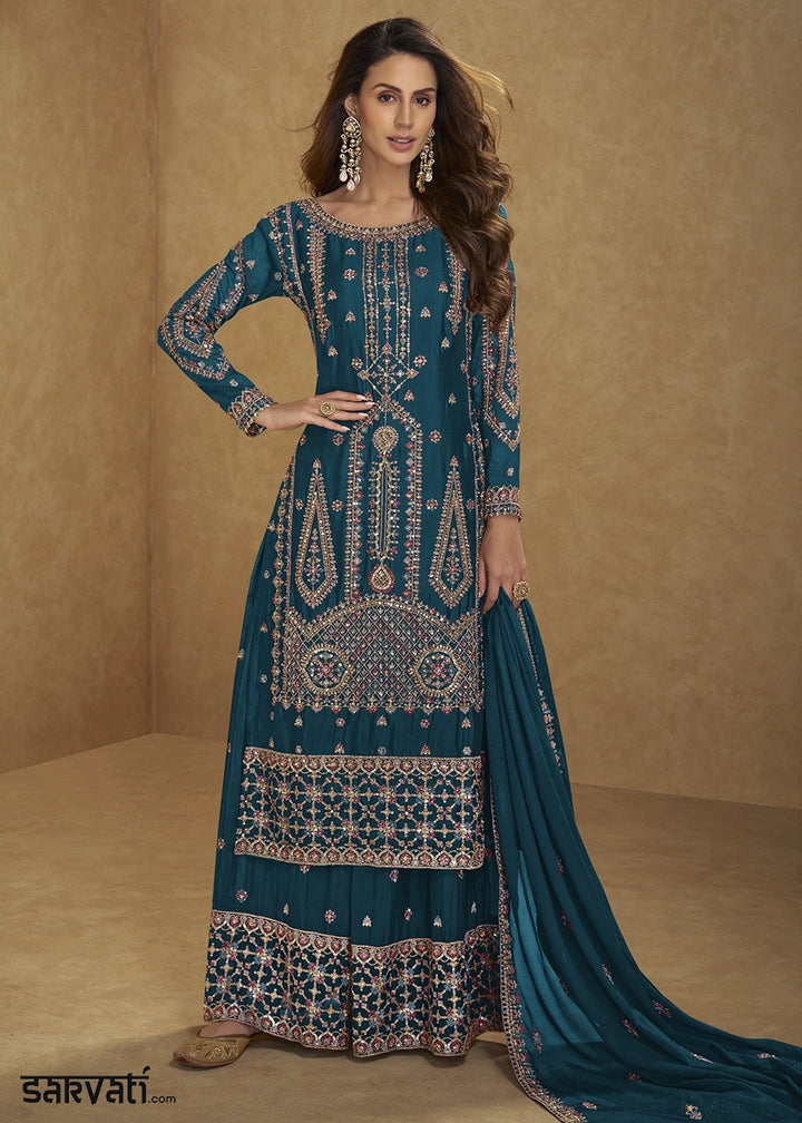 Cobalt Blue Chinon Silk Palazzo Suit with Intricate Embroidery