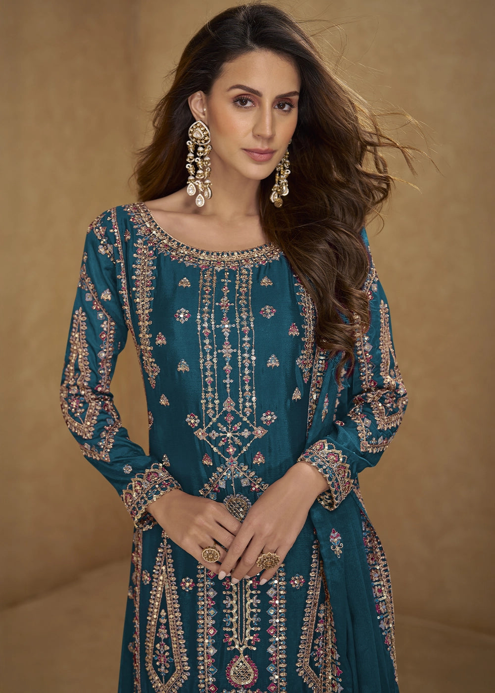 Cobalt Blue Chinon Silk Palazzo Suit with Intricate Embroidery