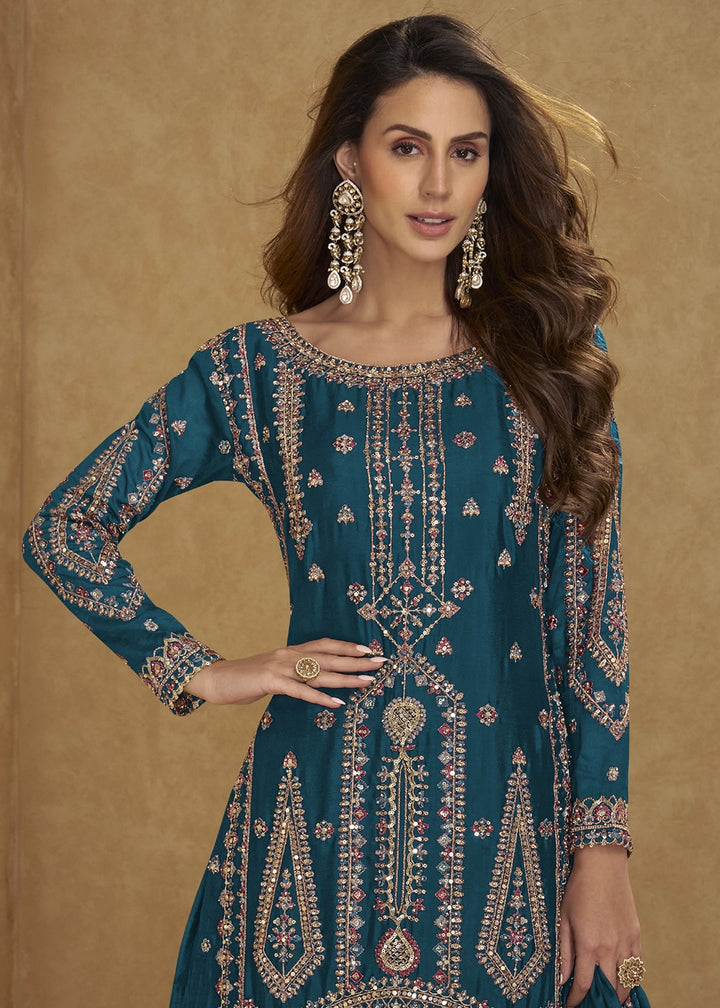 Cobalt Blue Chinon Silk Palazzo Suit with Intricate Embroidery