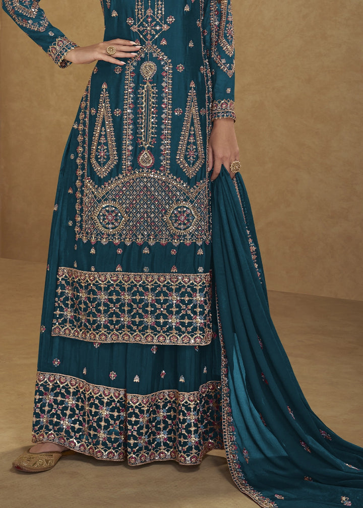 Cobalt Blue Chinon Silk Palazzo Suit with Intricate Embroidery