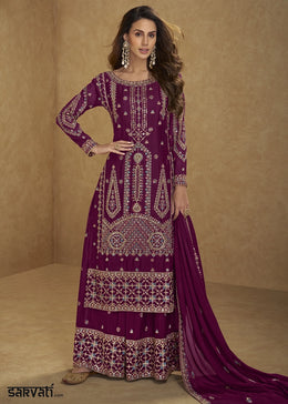 Sangria Purple Chinon Silk Palazzo Suit with Intricate Embroidery