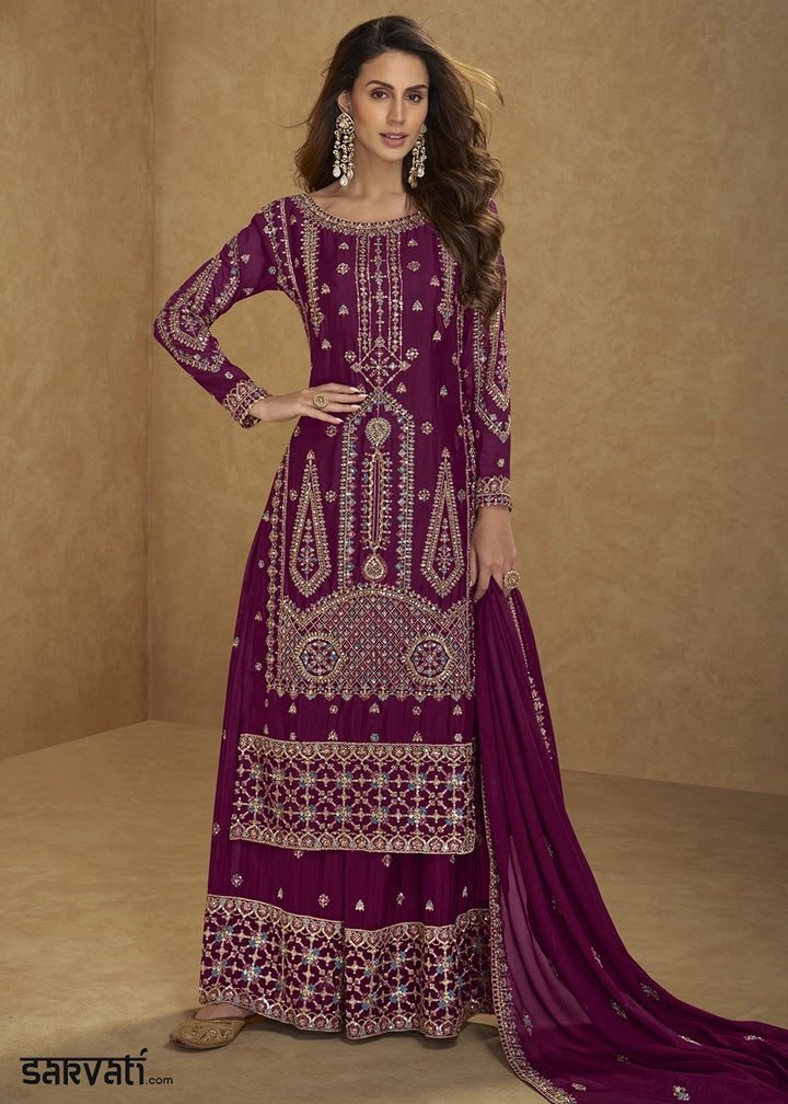 Sangria Purple Chinon Silk Palazzo Suit with Intricate Embroidery