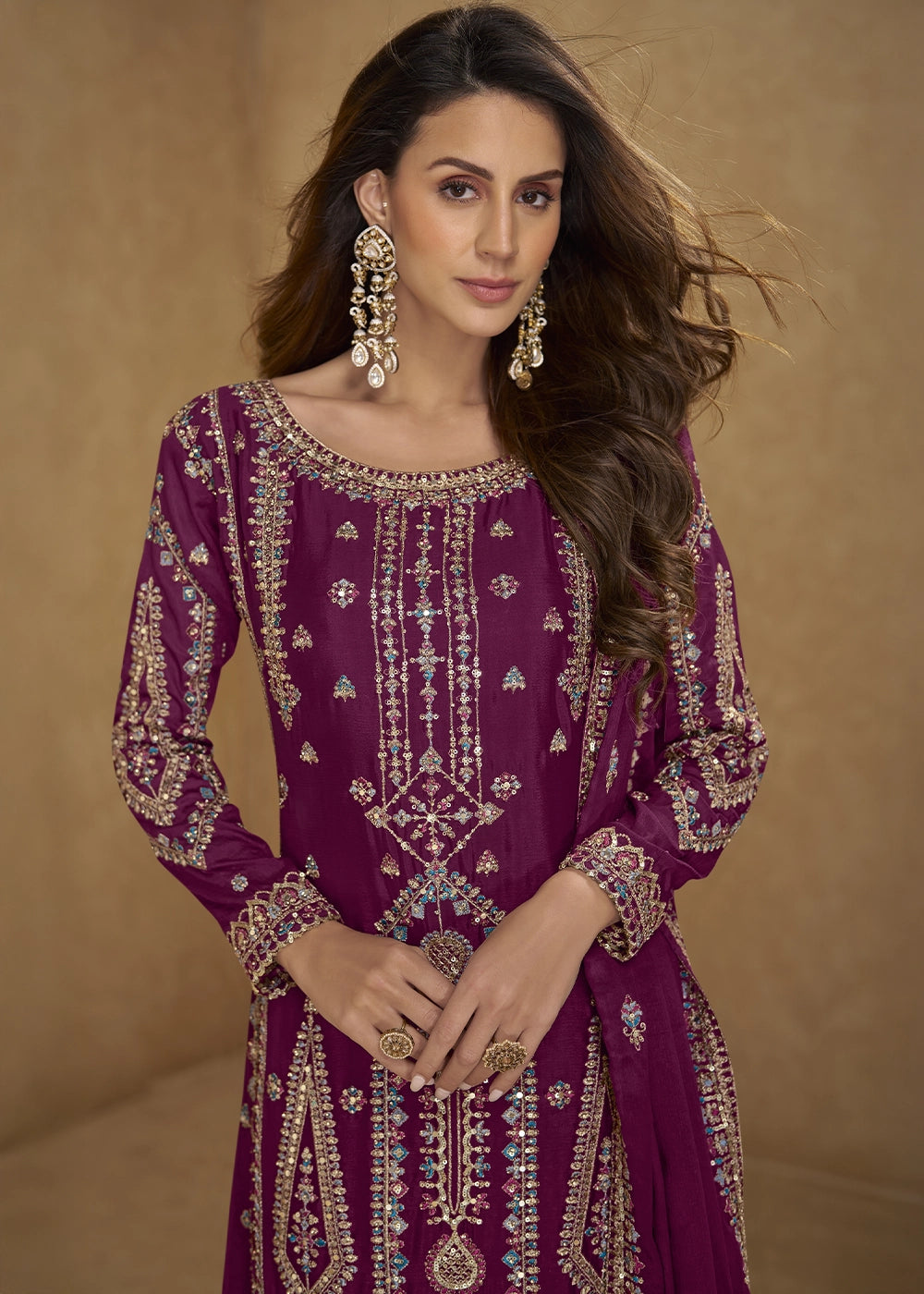 Sangria Purple Chinon Silk Palazzo Suit with Intricate Embroidery
