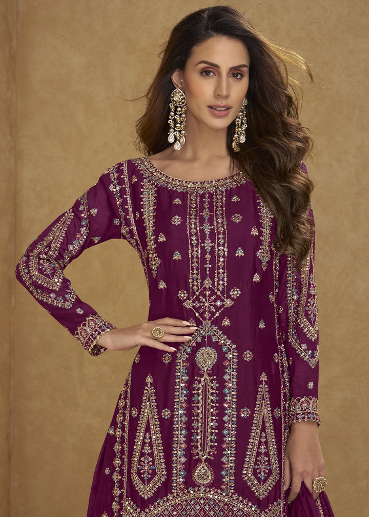 Sangria Purple Chinon Silk Palazzo Suit with Intricate Embroidery