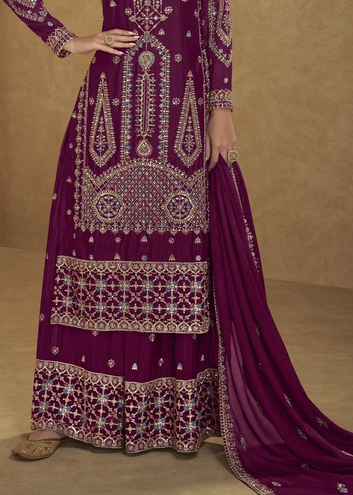 Sangria Purple Chinon Silk Palazzo Suit with Intricate Embroidery