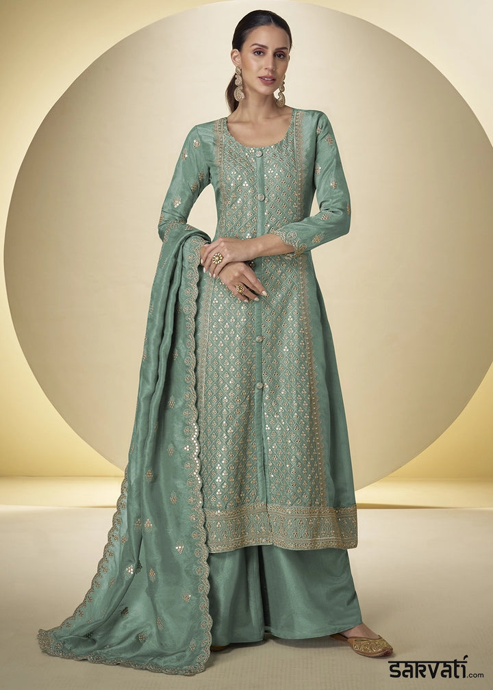 Caribbean Green Simar Silk Palazzo Suit – Luxe Embroidery